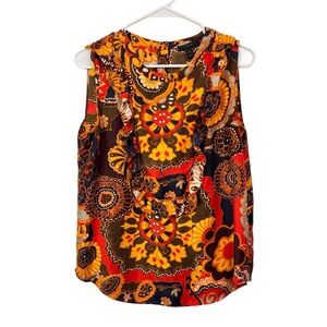 J Crew Size 10 Darwin Ratti Sleeveless Silk Top Retro 70s Groovy Print Ruffle
